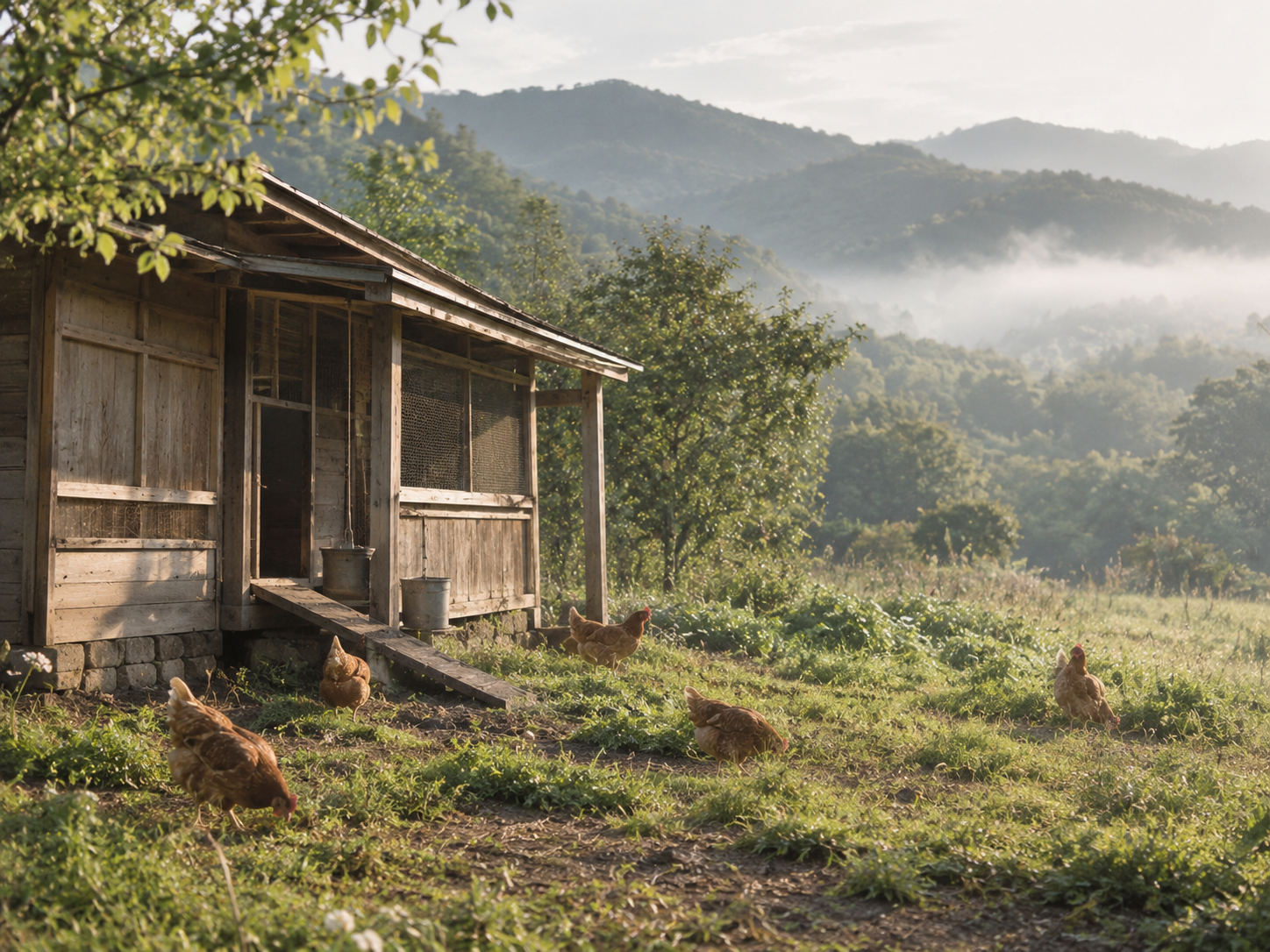 朝もやの山あいに建つ木造の鶏舎と、草地でのびのびと過ごす鶏たち