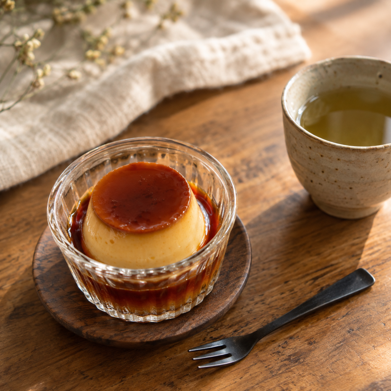 ガラスの器に入ったカラメルのかためプリンと、湯のみの緑茶